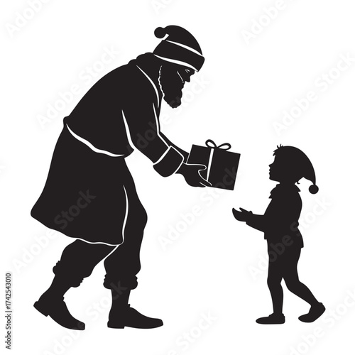 Vector silhouette of santa claus giving a gift to a child, isolated on white background