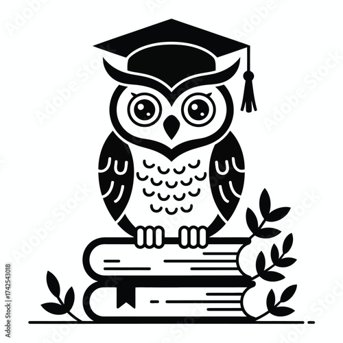 Wise owl scholar vector illustration sitting on stacked books with academic cap and laurel wreath elements vector