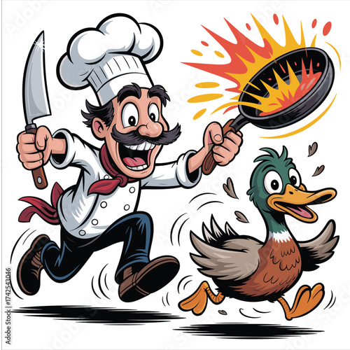 Cartoon chef chasing a duck with a flaming frying pan and knife