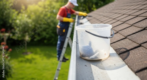 Man cleaning gutter on ladder with bucket in backyard garden  