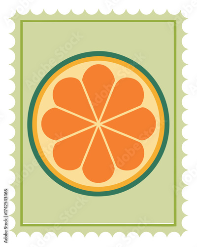 Vector art of a stylized illustration of a sliced orange, resembling a stamp, with a light green background and a scalloped border
