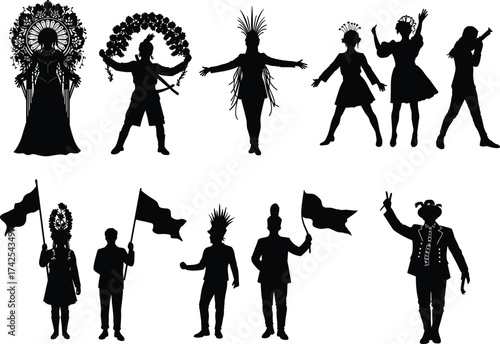 Vector illustration of festival parade people silhouettes with costumes, flags, traditional outfits, performers, dancers, musicians, carnival celebration and cultural artwork design