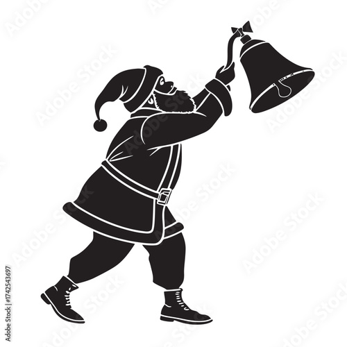 Vector silhouette of santa claus ringing a bell, isolated on white background