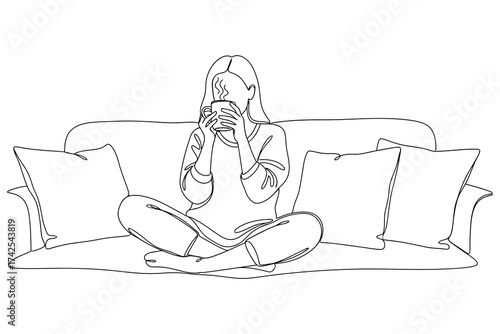 Vector art of woman sitting on a sofa with a cup continuous one line drawing of a person