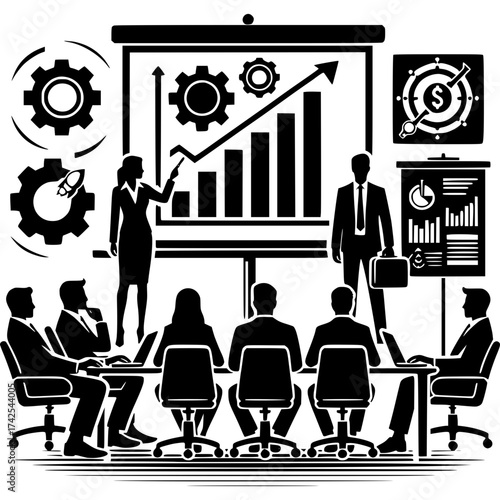 Strategic Planning Silhouettes: A dynamic illustration depicts a business conference room, showcasing teamwork and insightful data analysis amidst a professional atmosphere.