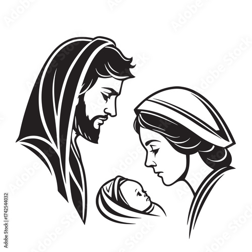 Vector stylized illustration of the holy family mary, joseph, and baby jesus, isolated on white background