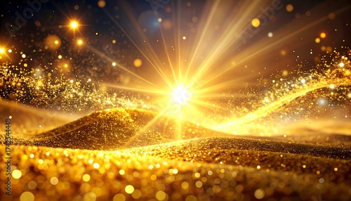 Golden light rays shining through sparkling landscape
