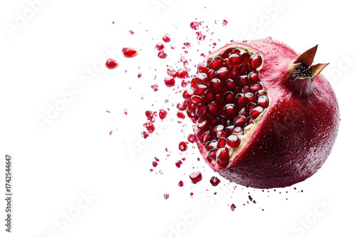 Fresh pomegranate with juicy seeds exploding for healthy eating concepts on transparent background