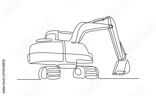 Continuous line drawing of excavator earth mover soil digger industry construction machinery. Sketch drawing editable stroke vector illustration