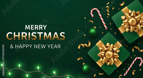 Wallpaper Mural Holiday background Merry Christmas and Happy New Year. Xmas design with realistic festive objects, sparkling lights garland, green gift box, ball bauble, glitter gold confetti. Horizontal ... See More Torontodigital.ca