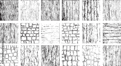 High-Resolution Texture Grid: Wood Grain & Brick Wall Patterns for Design & AI Training set vectors design on transparent background.