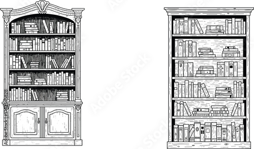 Vintage bookshelf illustration, classic wooden bookcase design, hand drawn library furniture sketch, antique books storage vector, detailed line art