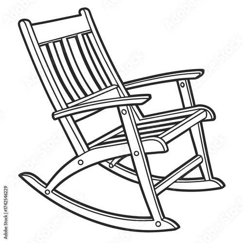 Classic wooden rocking chair illustration in black and white outline style