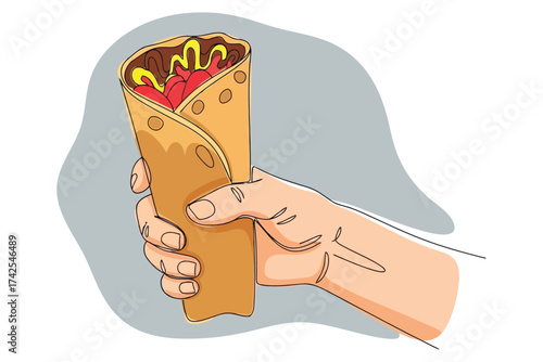 Vector art of hand holding a shawarma in a continuous line drawing style food concept
