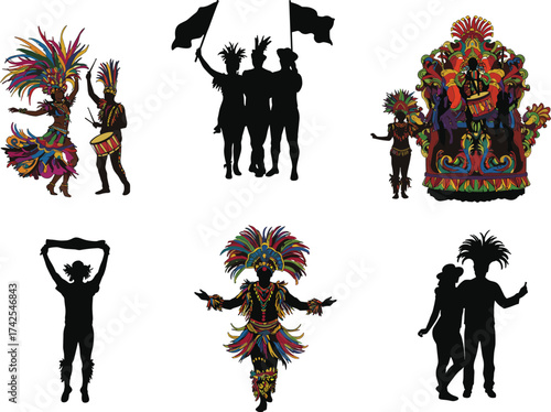 Vibrant carnival dancers and parade silhouettes illustration featuring colorful costumes, music, drummers, and festive celebration scene for cultural festival design