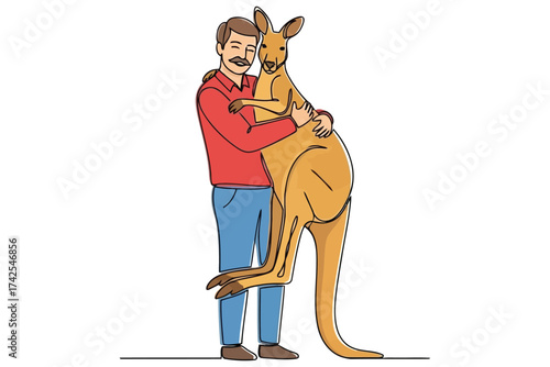 Vector art of man hugging a kangaroo happy smiling male character with wild animal