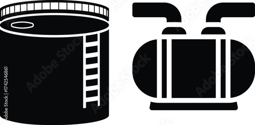 Oil refinery machinery with pipes and tanks, flat vector illustration