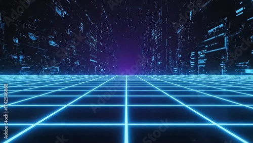 Wallpaper Mural Futuristic cyberspace cityscape with a glowing blue neon grid floor stretching into a digital purple horizon Torontodigital.ca