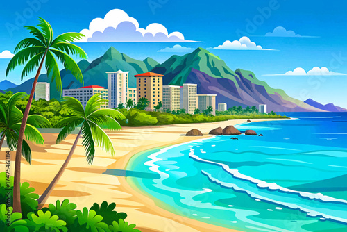 Waikiki Beach Hawaii USA, clear blue waters, tropical palm trees, summer sun, paradise resort vector, world famous coastline, travel photography destination