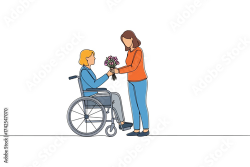 Vector art of woman giving flowers to a woman in a wheelchair support and care concept