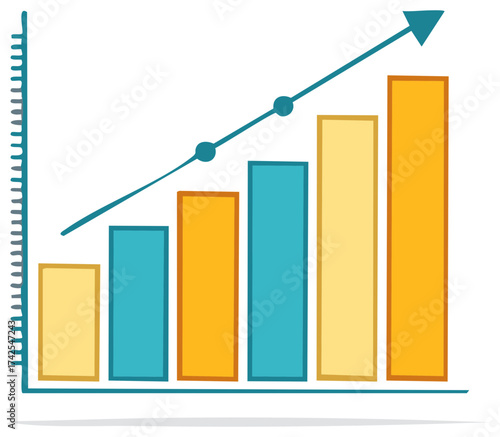 Stylized bar graph with an upward trending line and growth arrow shows data success