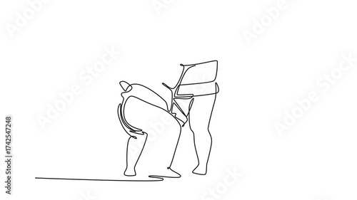 Self drawing animation of single line draw two massive Sumo wrestlers locked in close-quarters embrace, grappling fiercely for leverage to execute throw or lift. Continuous line. Full length animated