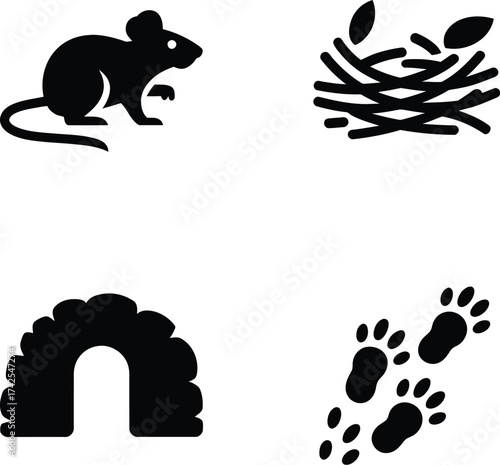 Wildlife Animal Icons  Mouse, Nest, Paw Prints, Den Entrance  Vector Symbols of Habitat, Nature, and Animal Tracks