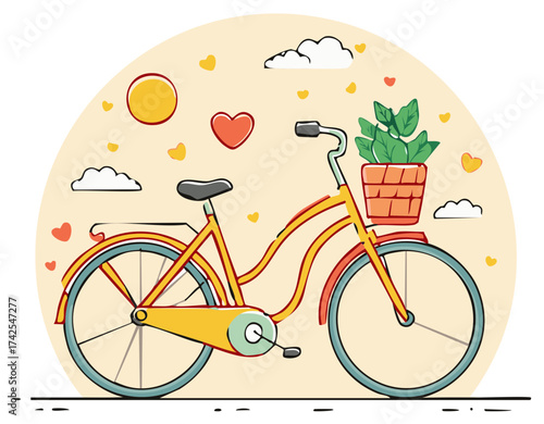 Whimsical Bicycle with Potted Plant Hearts and Clouds Cute Vector Illustration