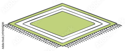 Abstract illustration of a green rug with fringe and geometric pattern