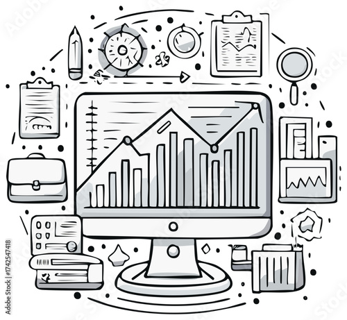 Hand Drawn Office Desk with Business Analysis on Computer Screen Illustration