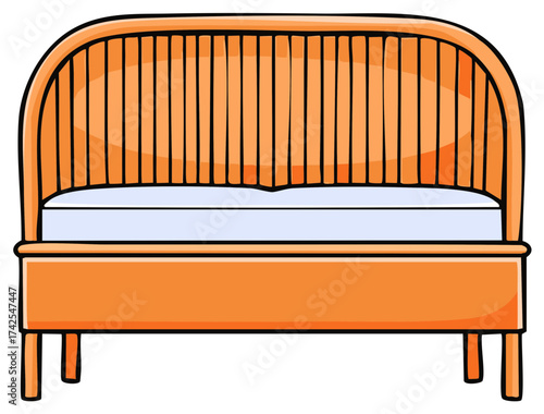 Cartoon bed illustration. Wooden frame, headboard, mattress. Bedroom furniture isolated