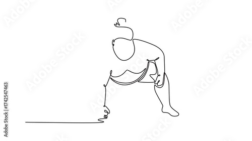 Animated self drawing of continuous line draw massive Sumo wrestler in low, crouched starting position, hand touching the ground, intense focus just before the charge. Full length one line animation