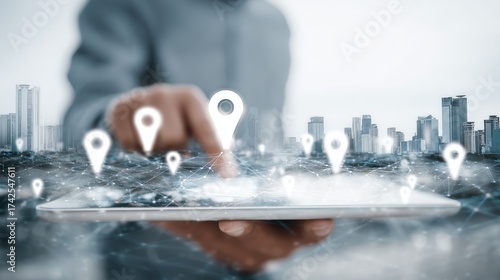 Businessman using digital map interface with location pins and cityscape background for urban planning or logistics operations.