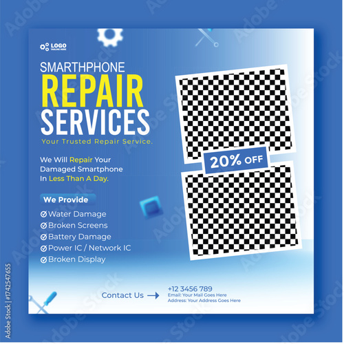 Smartphone repair services promotion banner for social media marketing campaign