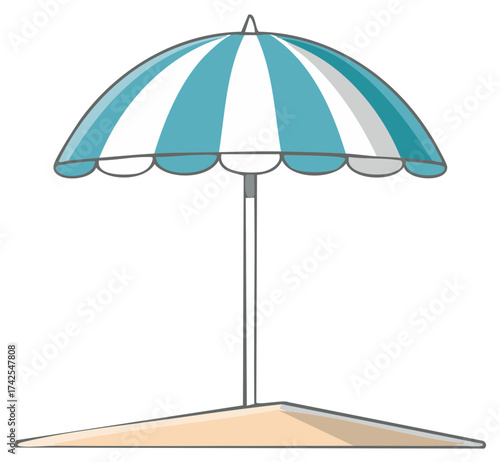 Cartoon Beach Umbrella with Teal and White Stripes Protection from Summer Sun