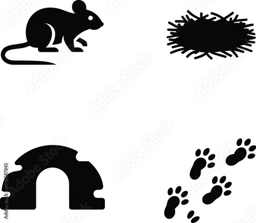 Wildlife Animal Icons  Mouse, Nest, Paw Prints, Den Entrance  Vector Symbols of Habitat, Nature, and Animal Tracks
