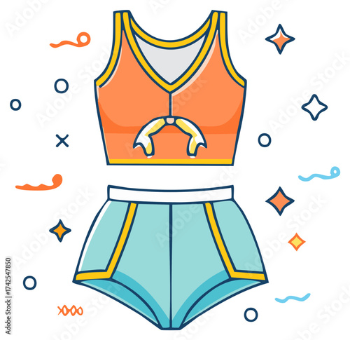 Orange crop top and blue athletic shorts outfit with celebratory confetti and sparkles