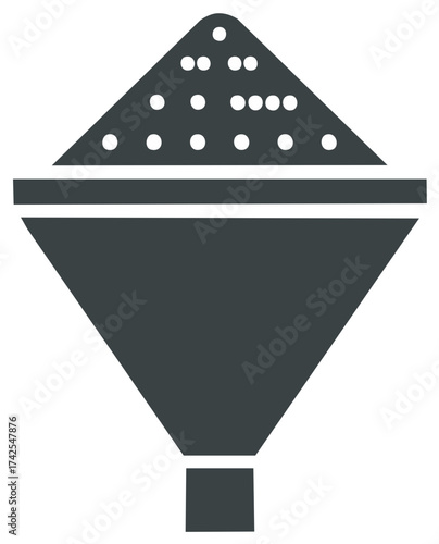 Funnel with Dots in Filter. An abstract icon depicting data filtering and transformation.