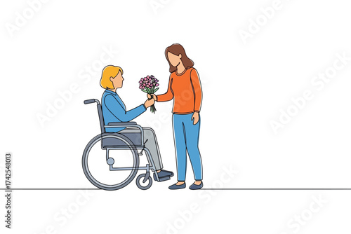 Vector art of woman giving flowers to a woman in a wheelchair continuous line drawing