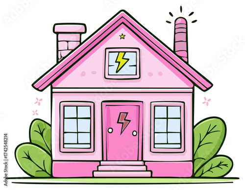 Whimsical pink house with lightning bolt symbols and green foliage illustration