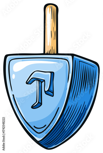 Illustration of a Blue Dreidel with Hebrew Letter Nun for Hanukkah Celebration