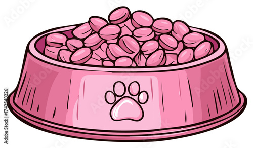 Pink pet food bowl filled with crunchy kibble featuring a cute paw print design cartoon illustration