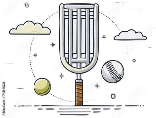 Conceptual Sports Illustration with a Jai Alai Cesta Cricket Ball and Pelota