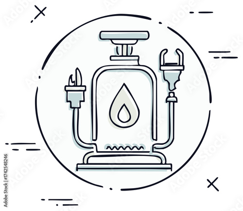Doodle style camping stove with gas cylinder and flame icon