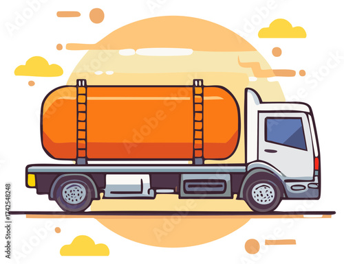 Orange liquid tanker truck driving on a road with clouds and sun in the background