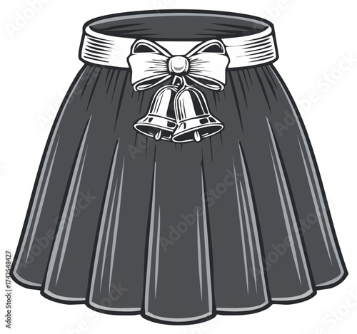 Elegant Pleated Skirt with Festive Bells and Bow. Garment Design for Dance or Cheerleading