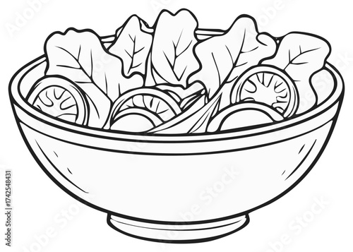 Salad Bowl Line Art with Lettuce and Tomato Slices