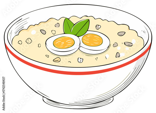 Bowl of savory rice porridge with sliced eggs and green garnish