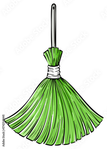 Hand drawn cartoon illustration of a simple green cleaning broom with a gray handle