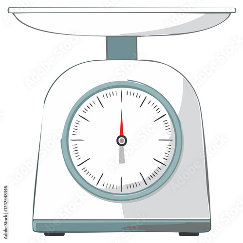 Illustration of a food scale. Grey food scale with an analog face and red indicator. Weight measurement tool